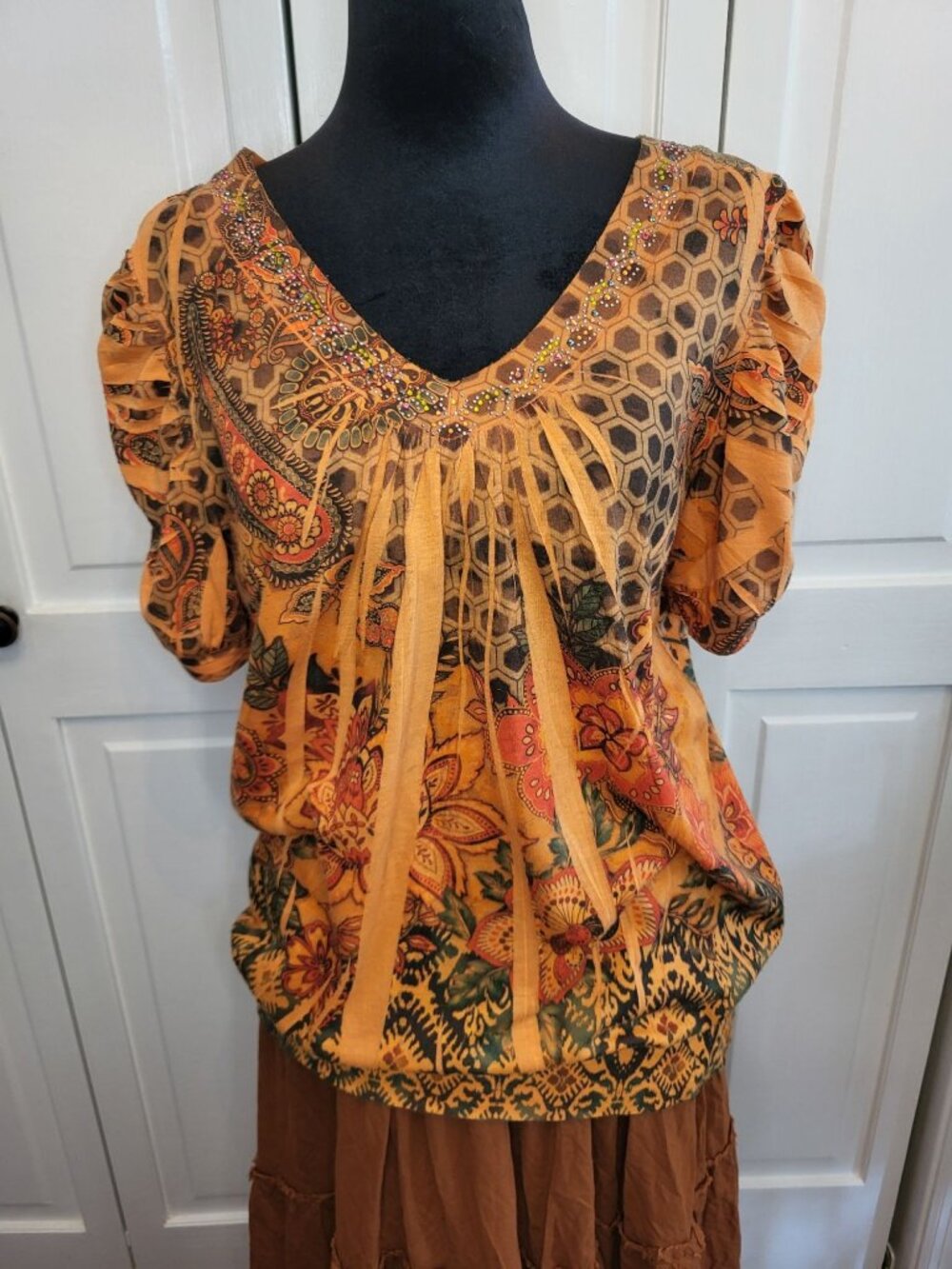 Orange Floral Pleated Knit Top Rhinestones Ruched M Boho Grunge Fairy Fall Y2K